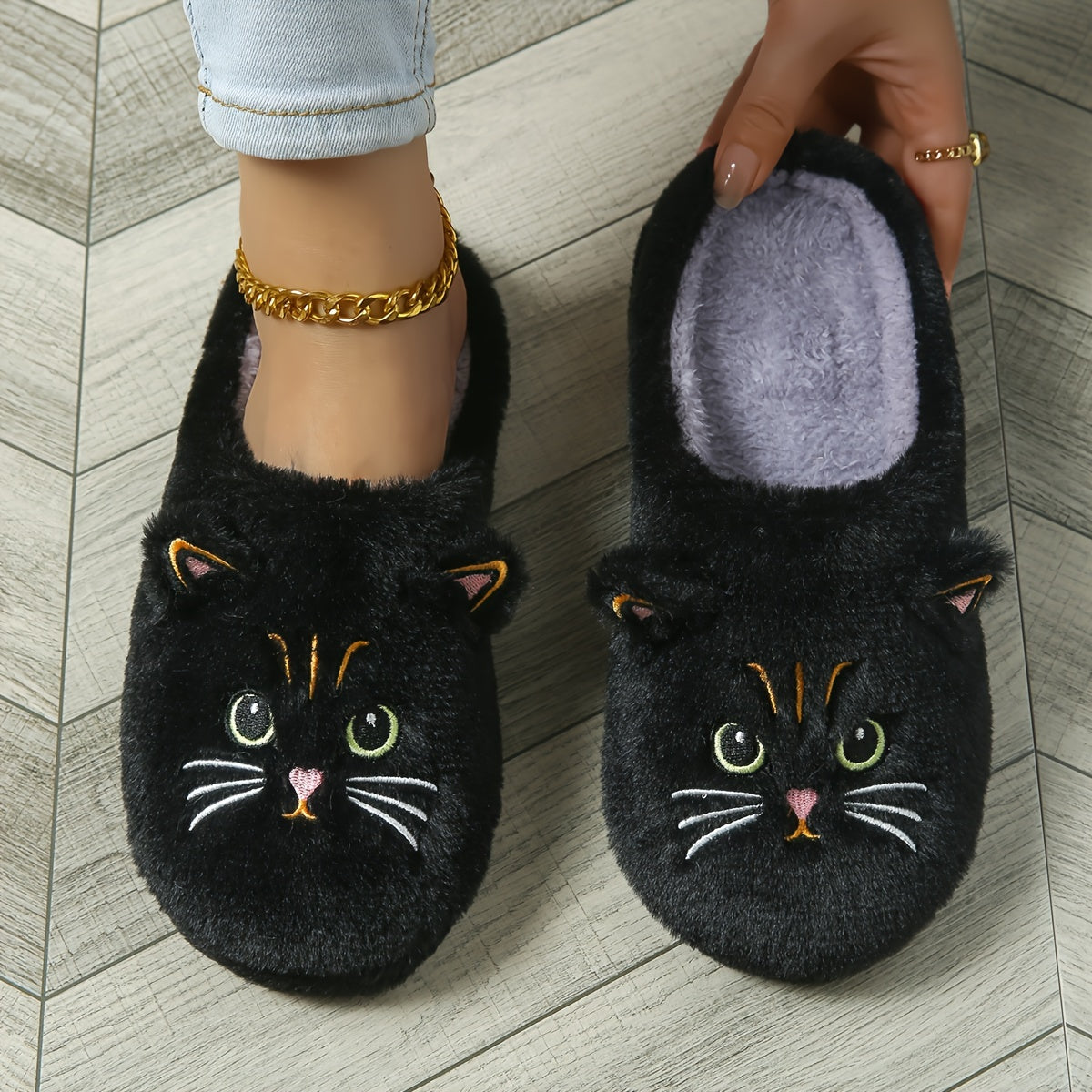 Women's Cute Cartoon Black Cat Slippers with Big Eyes and Ears