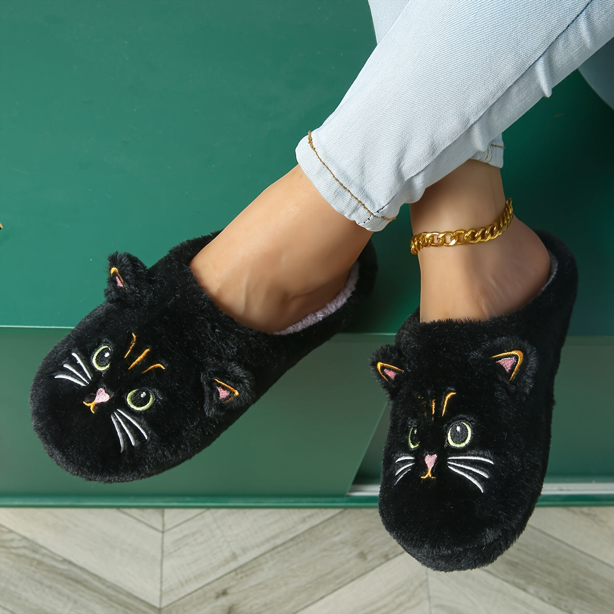 Women's Cute Cartoon Black Cat Slippers with Big Eyes and Ears