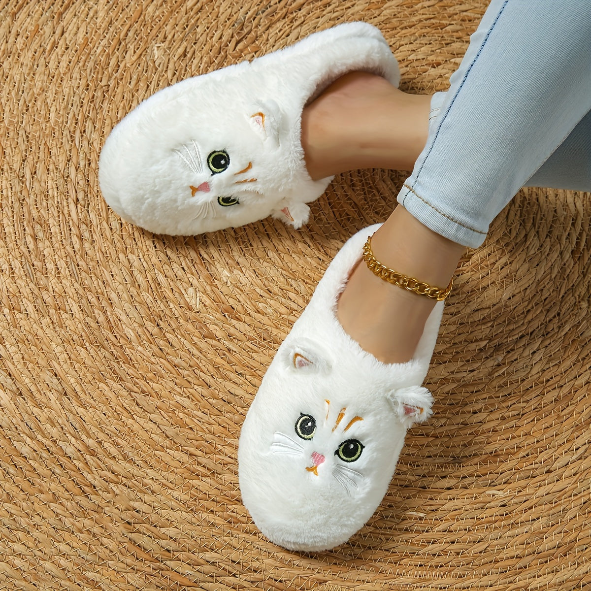 Women's Cute Cartoon Black Cat Slippers with Big Eyes and Ears