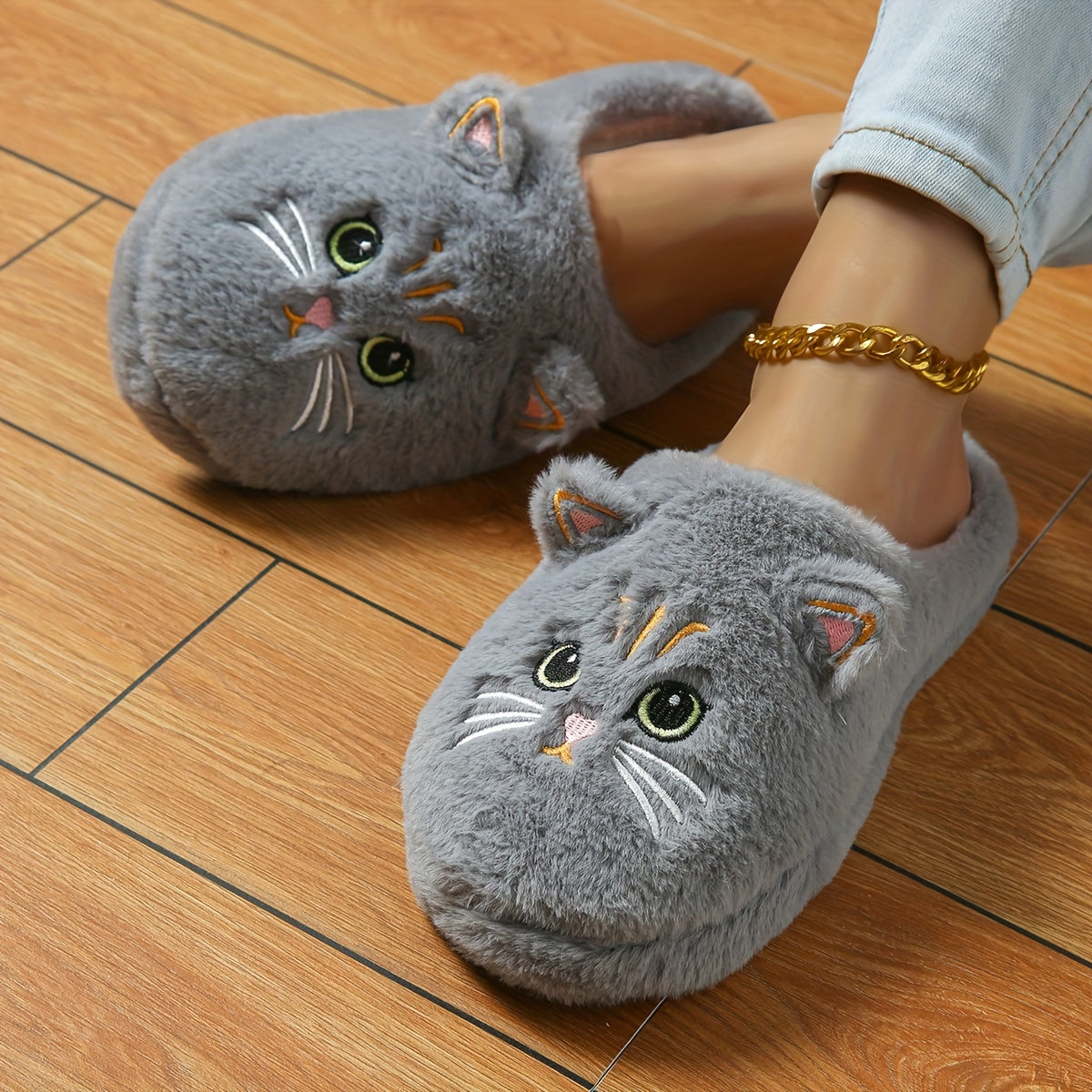 Women's Cute Cartoon Black Cat Slippers with Big Eyes and Ears