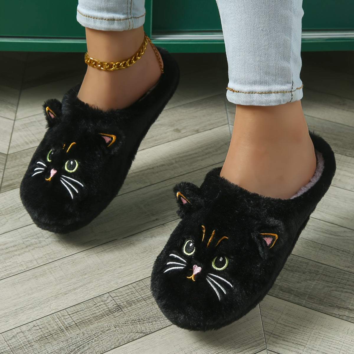 Women's Cute Cartoon Black Cat Slippers with Big Eyes and Ears