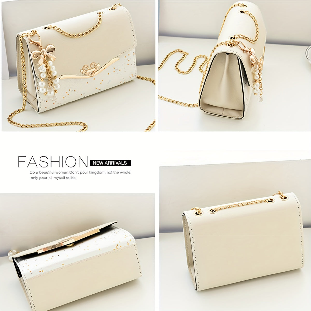 Fashion Polka Dot Beige PU Shoulder Bag with Tassel Charm