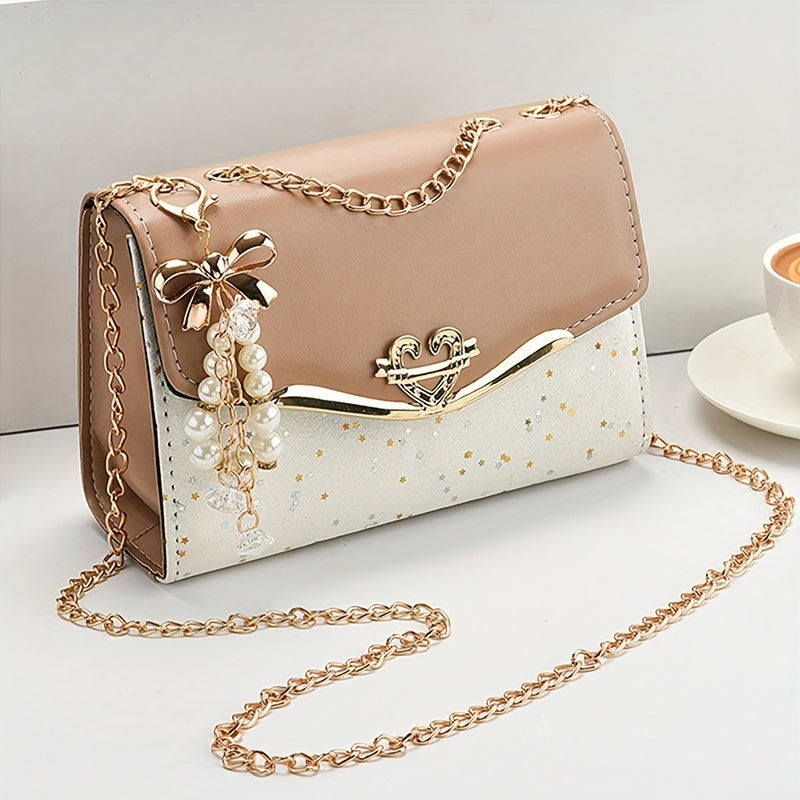 Fashion Polka Dot Beige PU Shoulder Bag with Tassel Charm